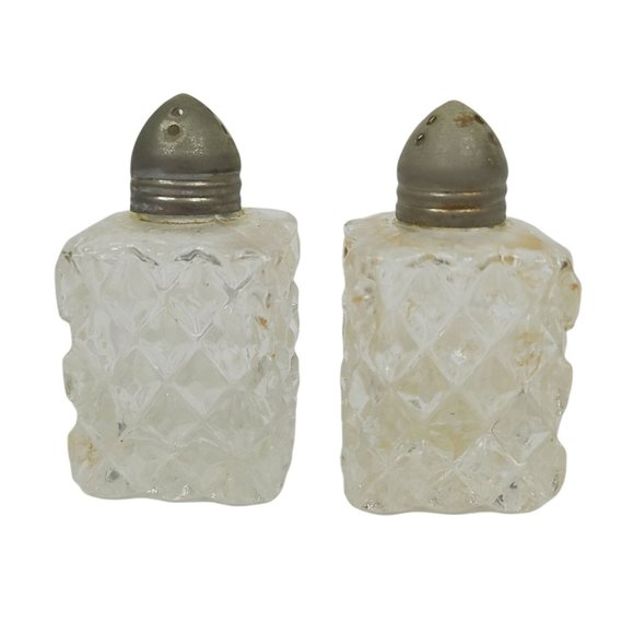 Vintage Cut Glass Mini Salt Pepper Shakers Aluminum Lids MCM MId Century - Picture 3 of 8